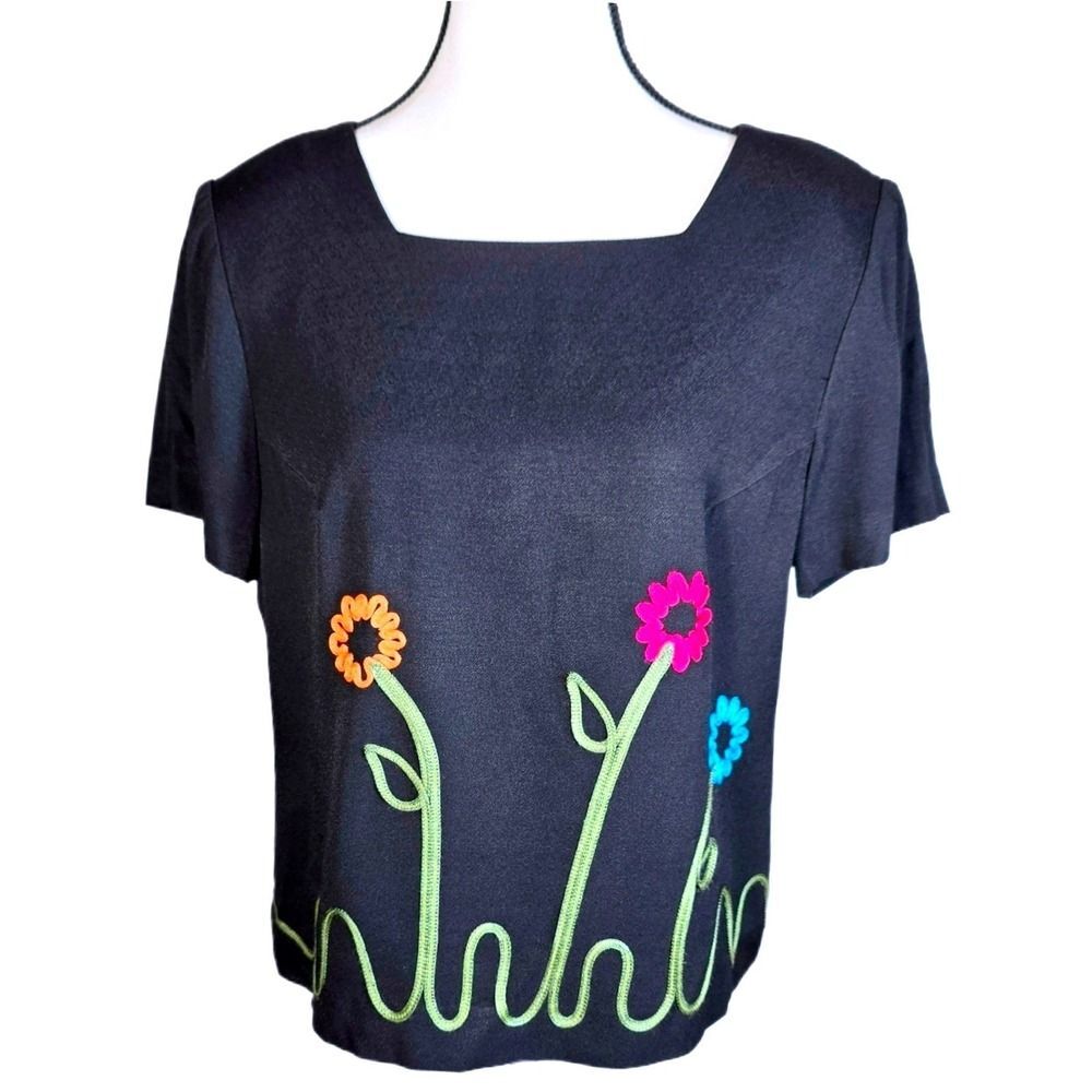 Vtg 90s Virgo II Black Blouse 10P Embroidered Floral Square Neck Top Made USA